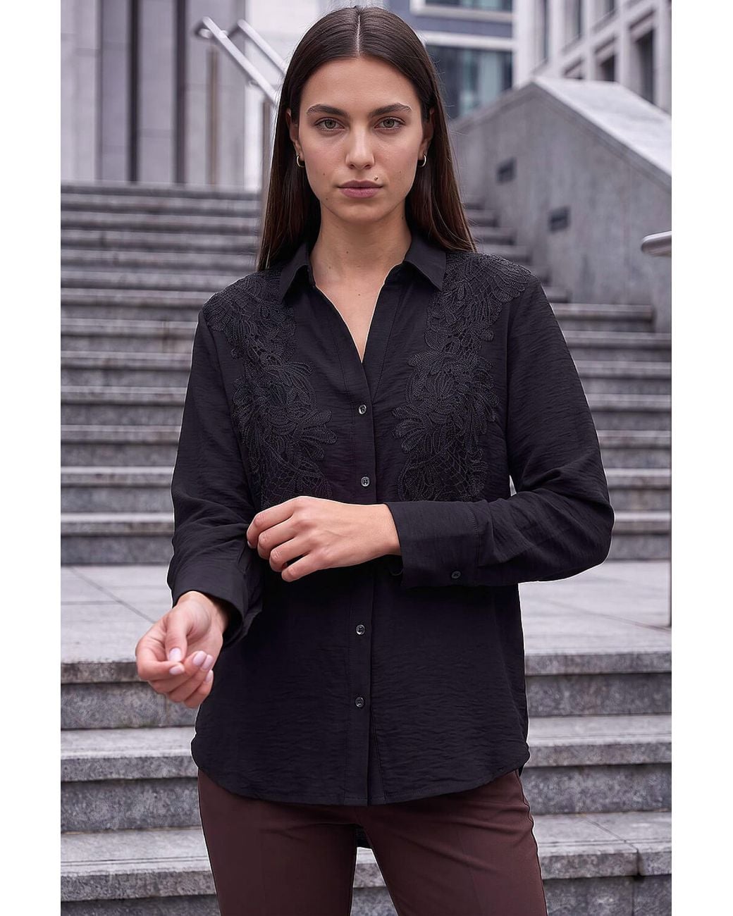Roman Blue Lace Applique Shirt