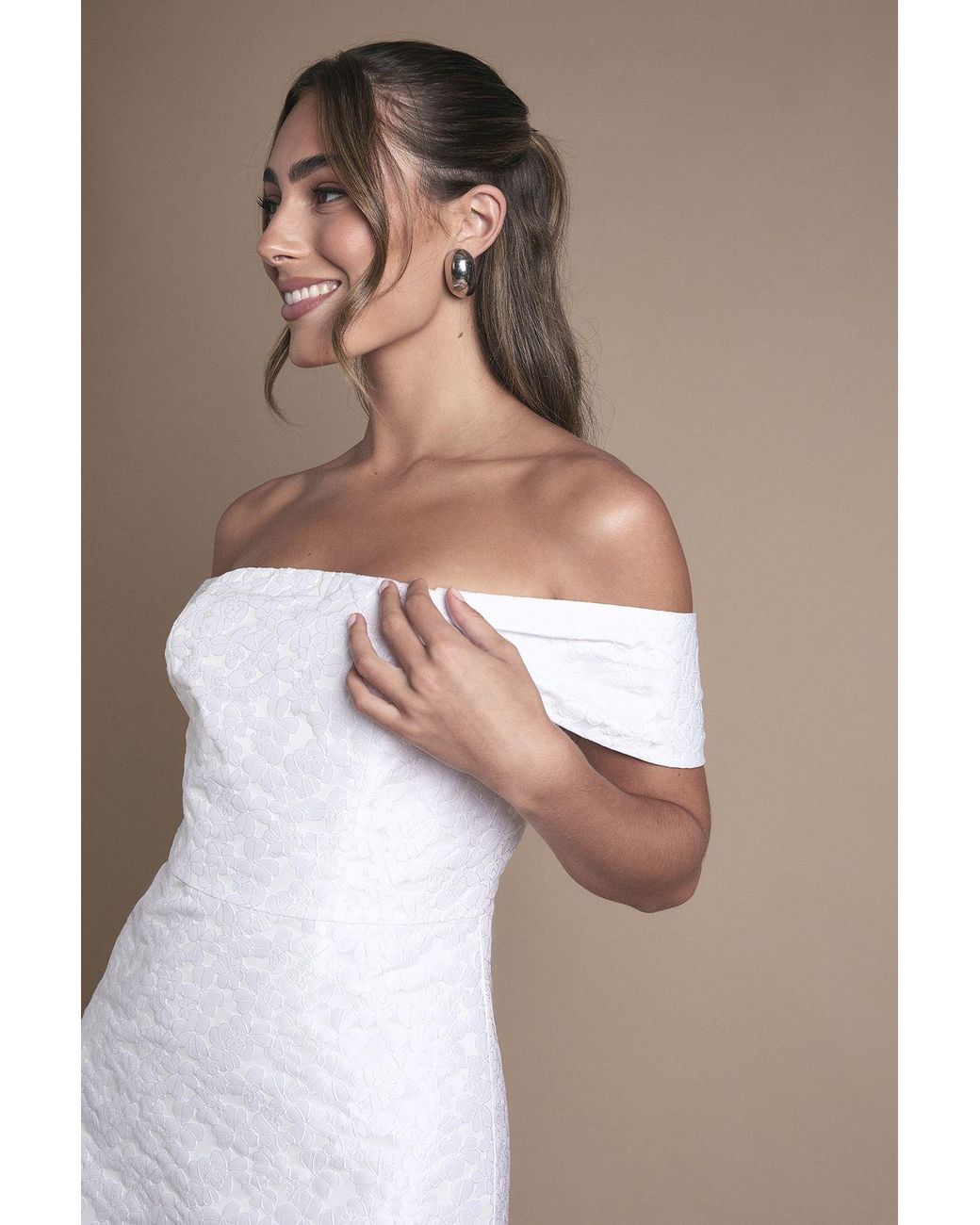 Oasis White Off The Shoulder Jacquard Wedding Mini Dress