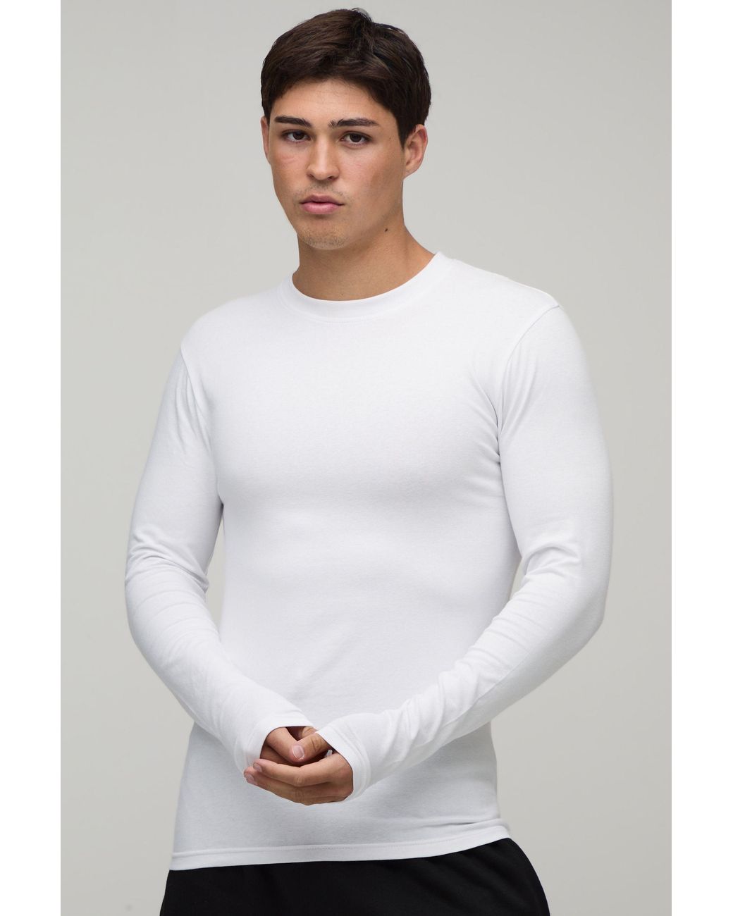 BoohooMAN White Basic Muscle Fit Long Sleeve T-Shirt for men