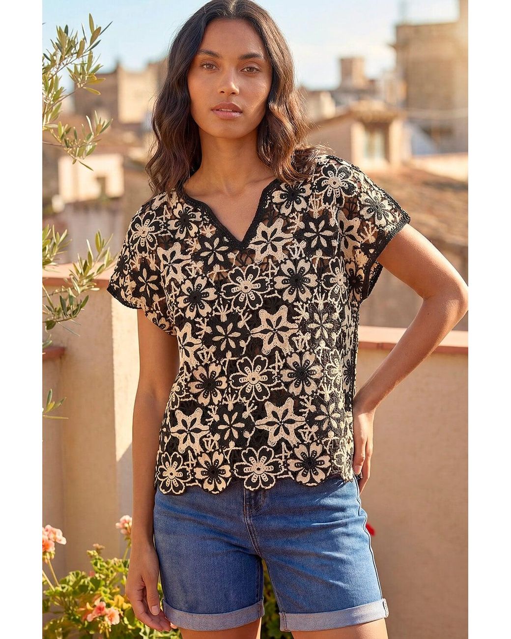 Roman Black Floral Crochet Knit Top