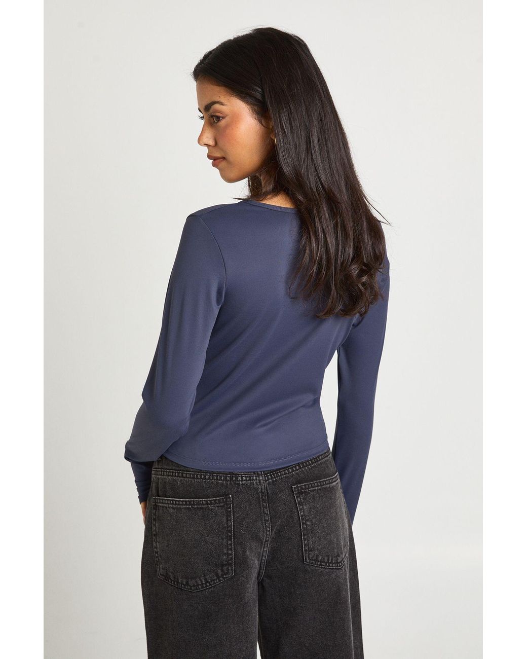 Boohoo Blue Peached Sculpt Popper Through Long Sleeve Top