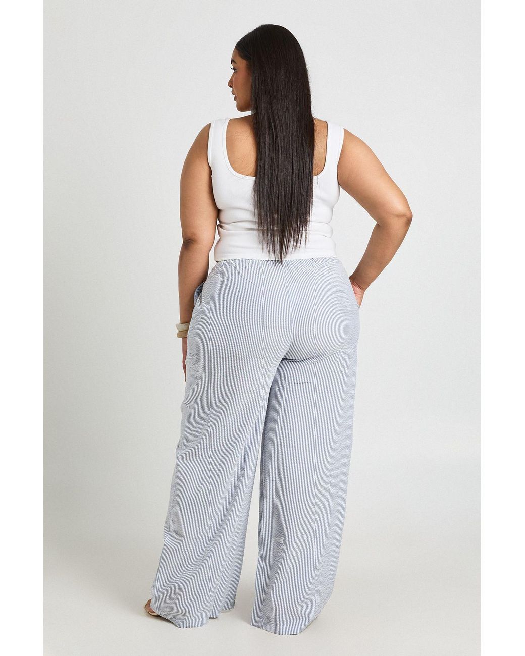 Boohoo Gray Plus Stripe Drawstring Wide Leg Trouser