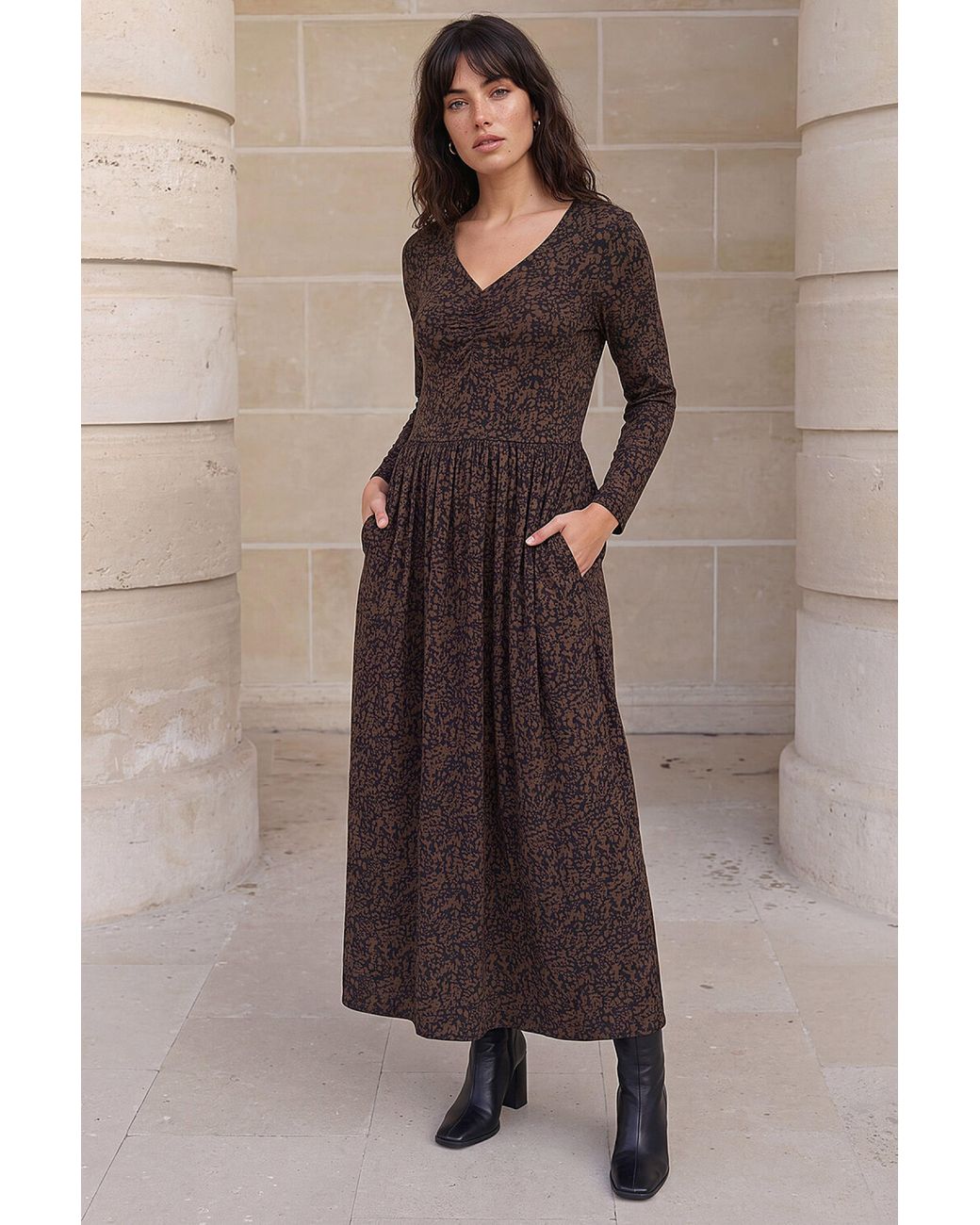 Roman Brown Speckled Ruched Dress