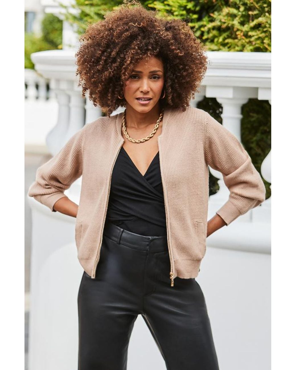 Sosandar Natural Camel Knitted Bomber Cardigan