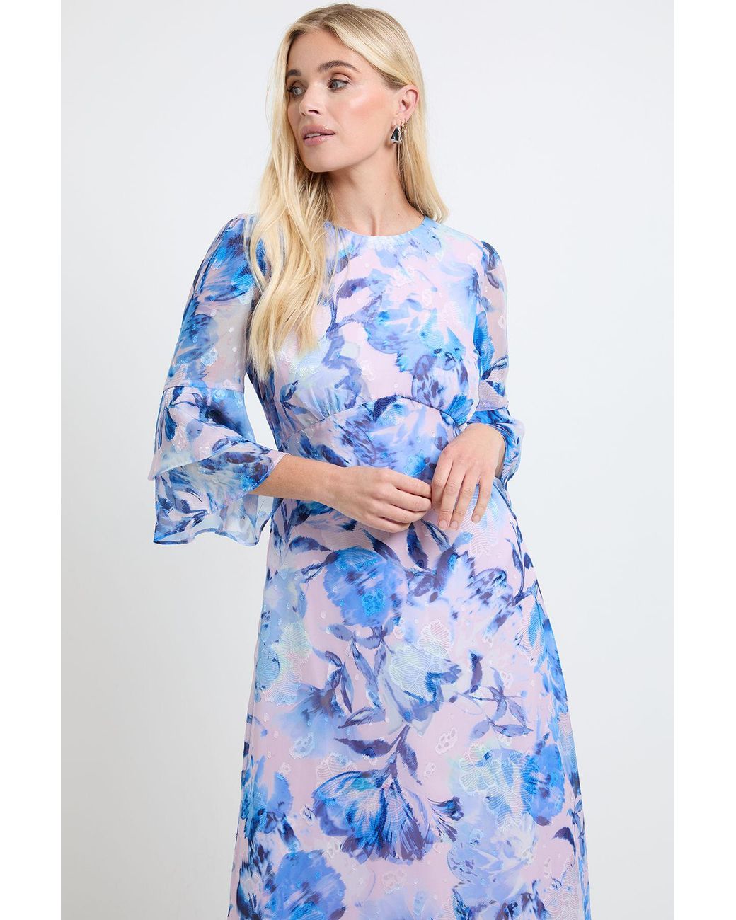 Wallis Blue Petite Floral Burn Out Ruffle Sleeve Midi Dress