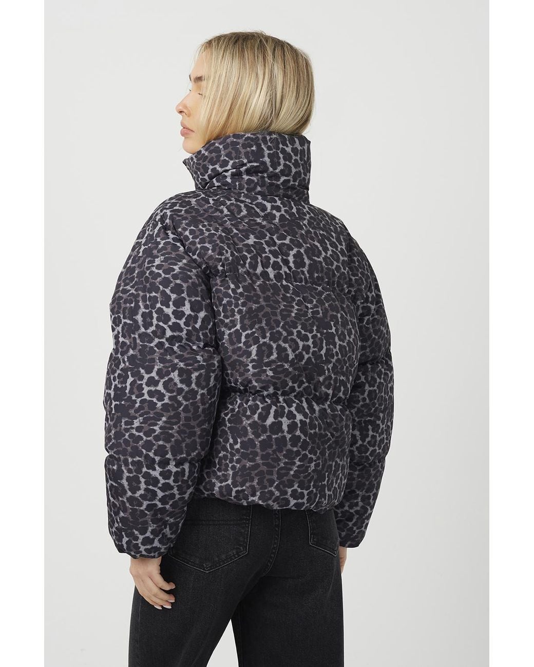 Brave Soul Blue Leopard Print Short Puffer Jacket