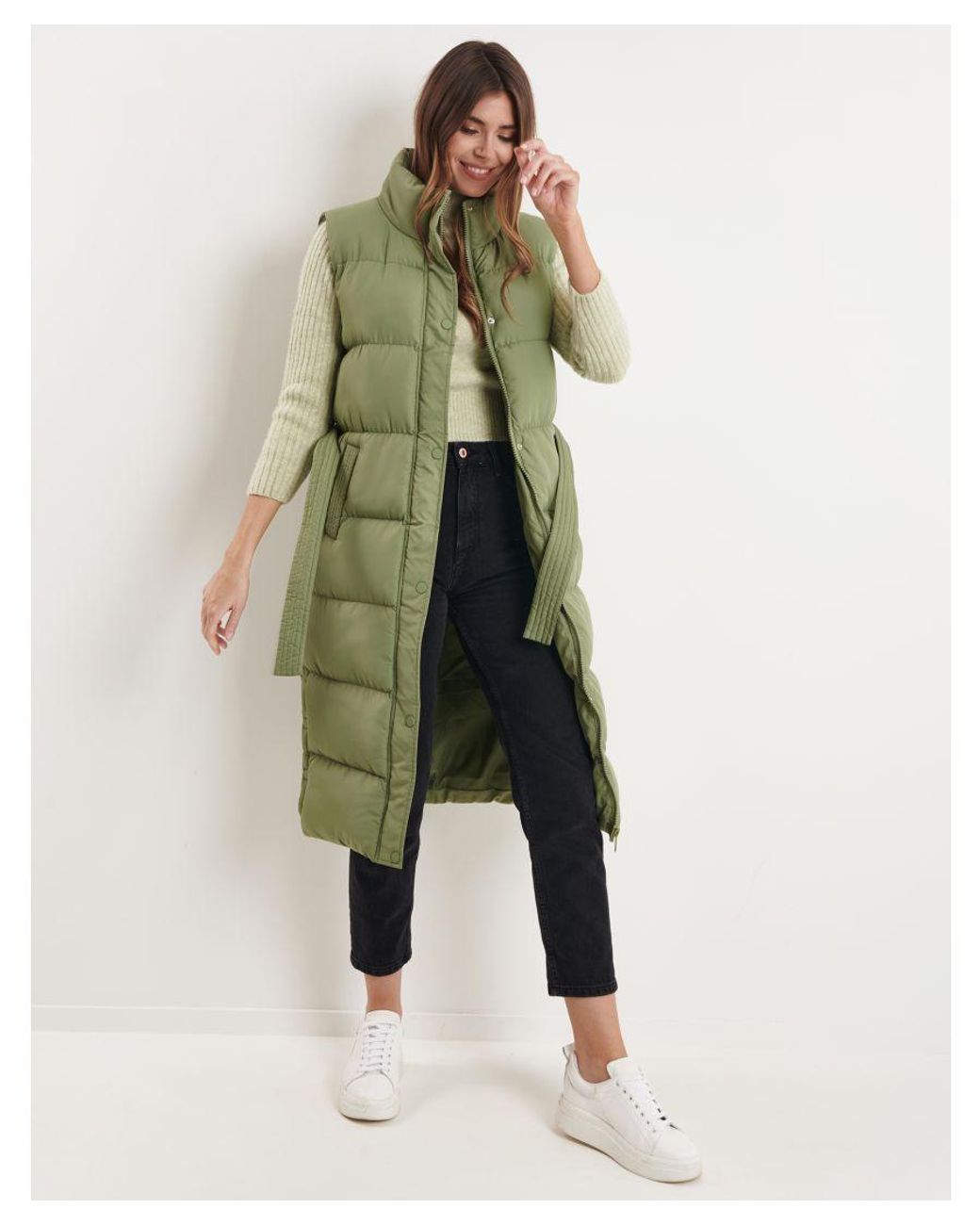 Threadbare 'margot' Longline Padded Gilet With Tie Waist in Green Lyst UK