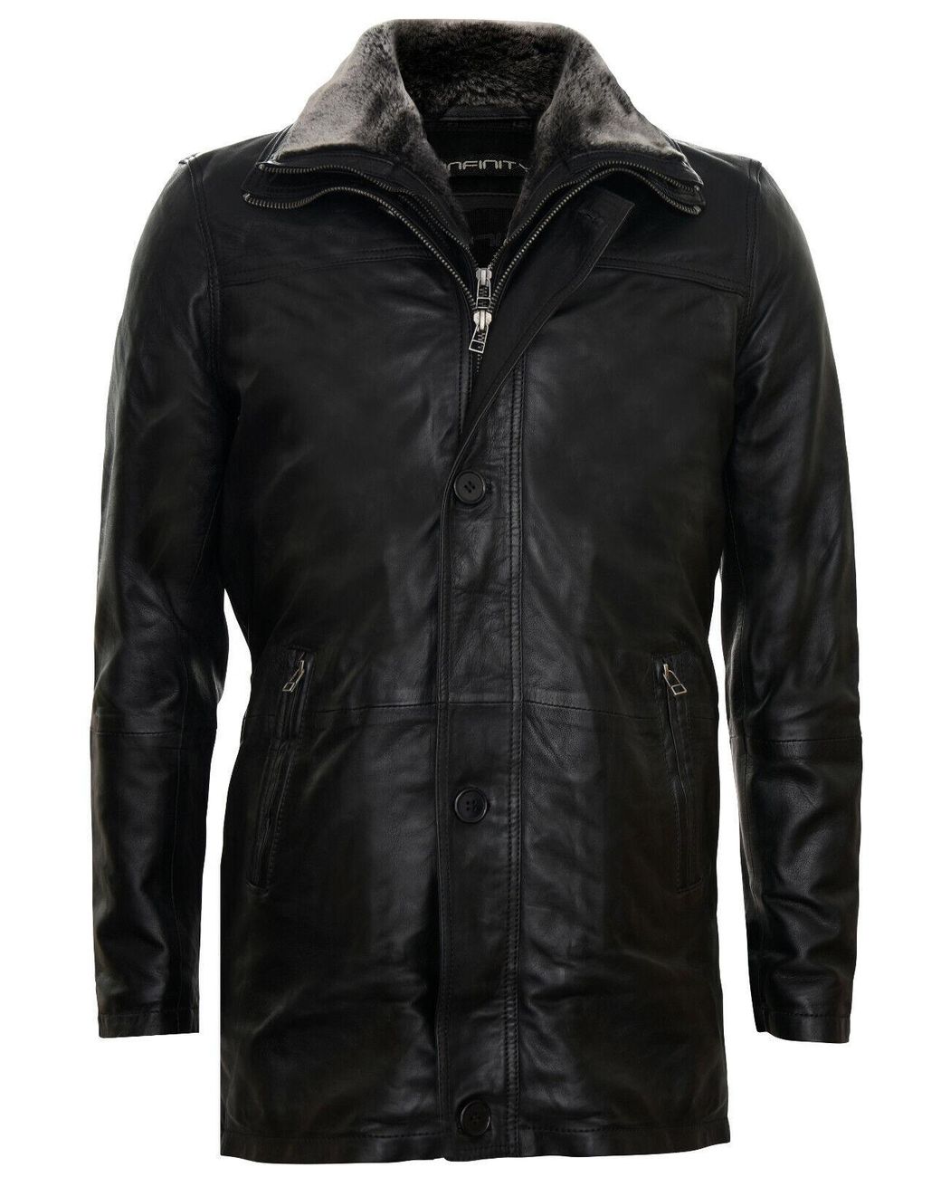 Infinity Leather Black Removable Collar Mid Length Warm Jacket for men
