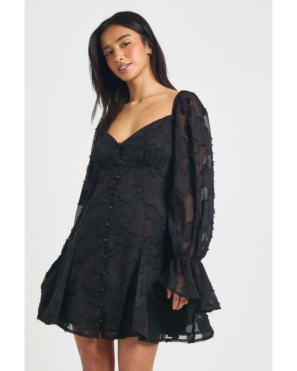 Boohoo Blue Petite Burnout Floral Godet Hem Mini Dress
