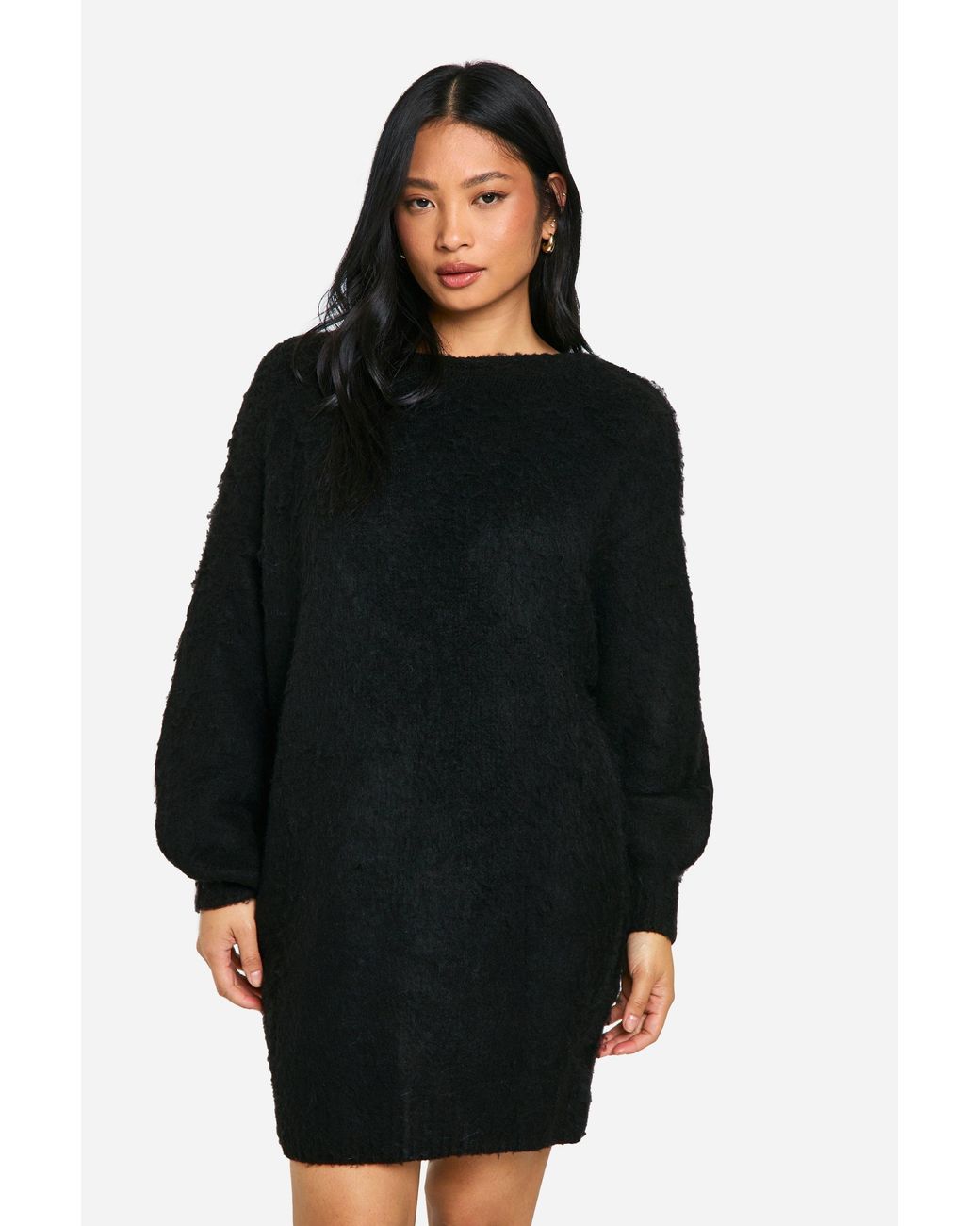 Boohoo Black Petite Brushed Low Back Oversized Jumper Dress