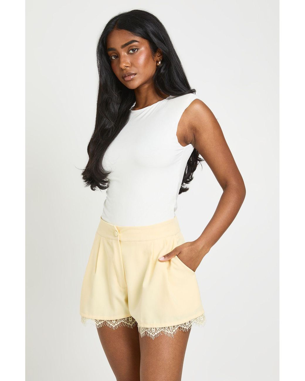 Boohoo Natural Lace Trim Tailored Shorts