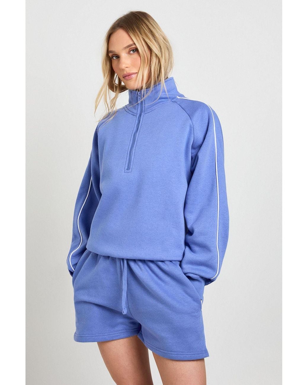 Boohoo Blue Petite Half Zip Sweatshirt Piping Detail Short Tracksuit