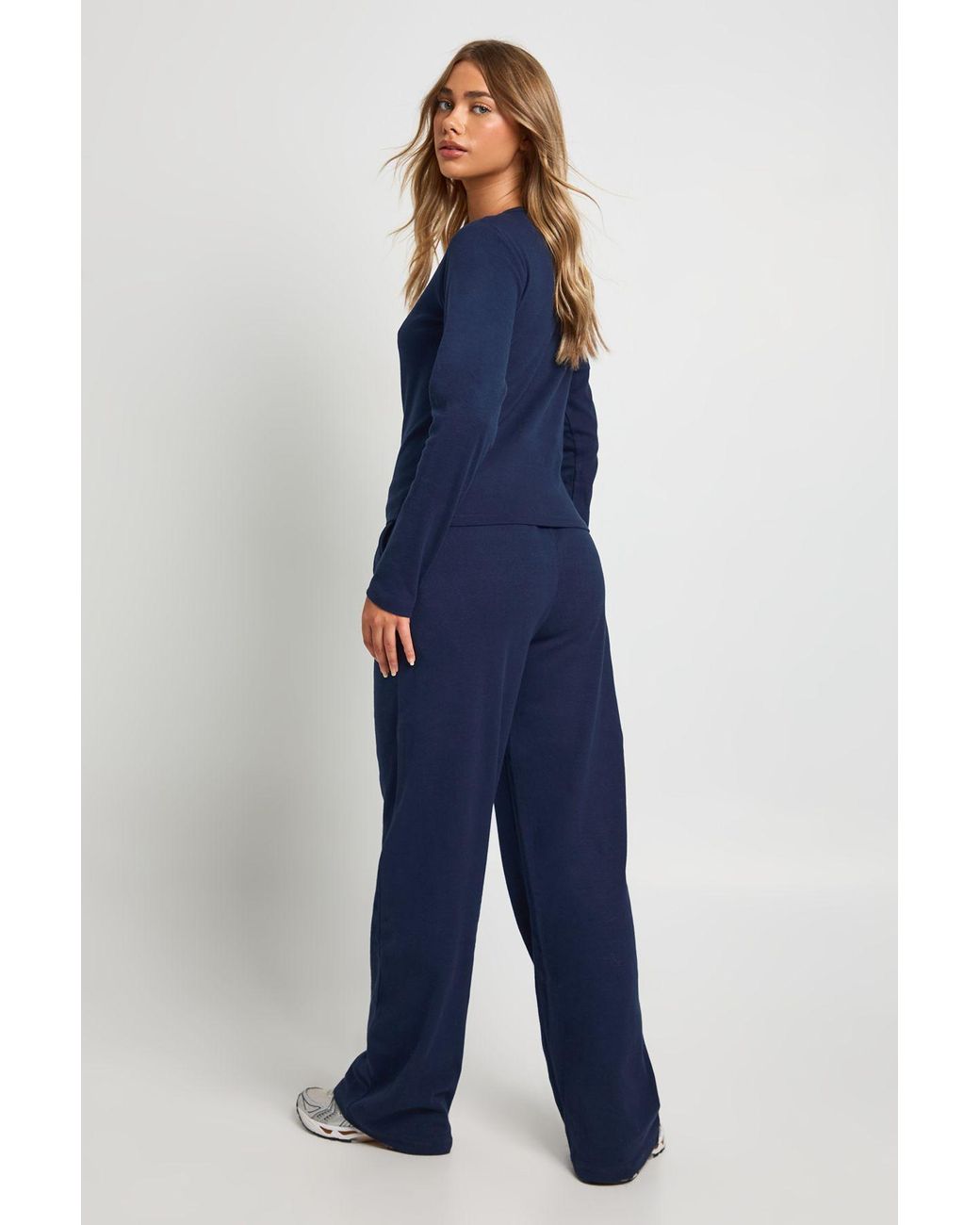 Boohoo Blue Cotton Button Through Crew Neck Top & Trouser Co Ord