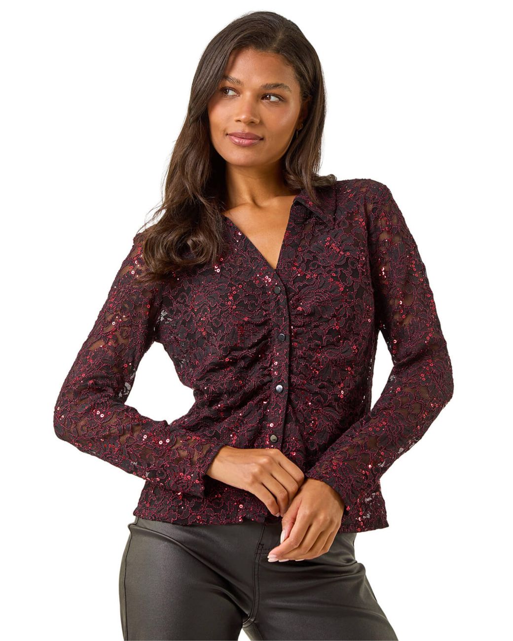 Roman Purple Sequin Lace Collared Blouse