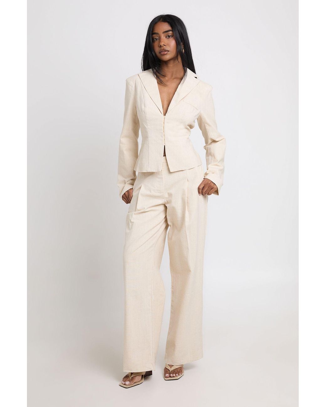 Boohoo Natural Linen Look Wide Leg Tailored Trousers