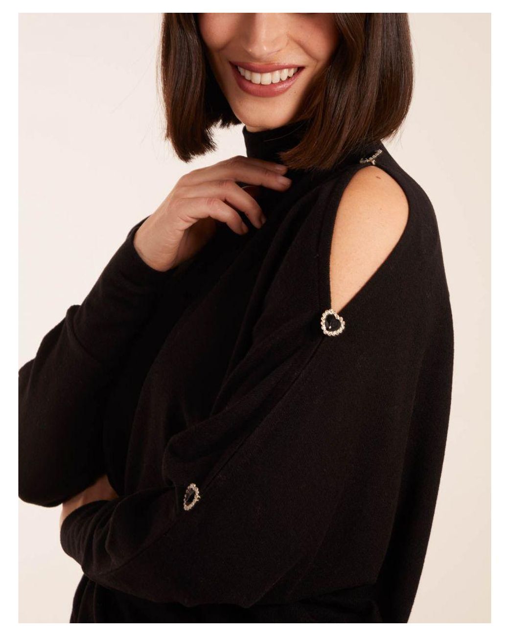 Blue Vanilla Black High Neck Heart Diamante Cold Shoulder Jumper