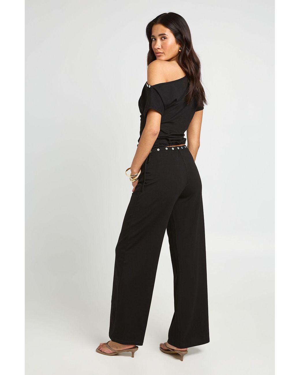 Boohoo Blue Pearlised Button Waist Detail Straight Leg Trouser