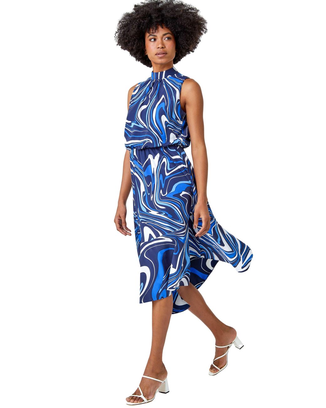 Roman Blue Sleeveless Swirl Print Midi Dress
