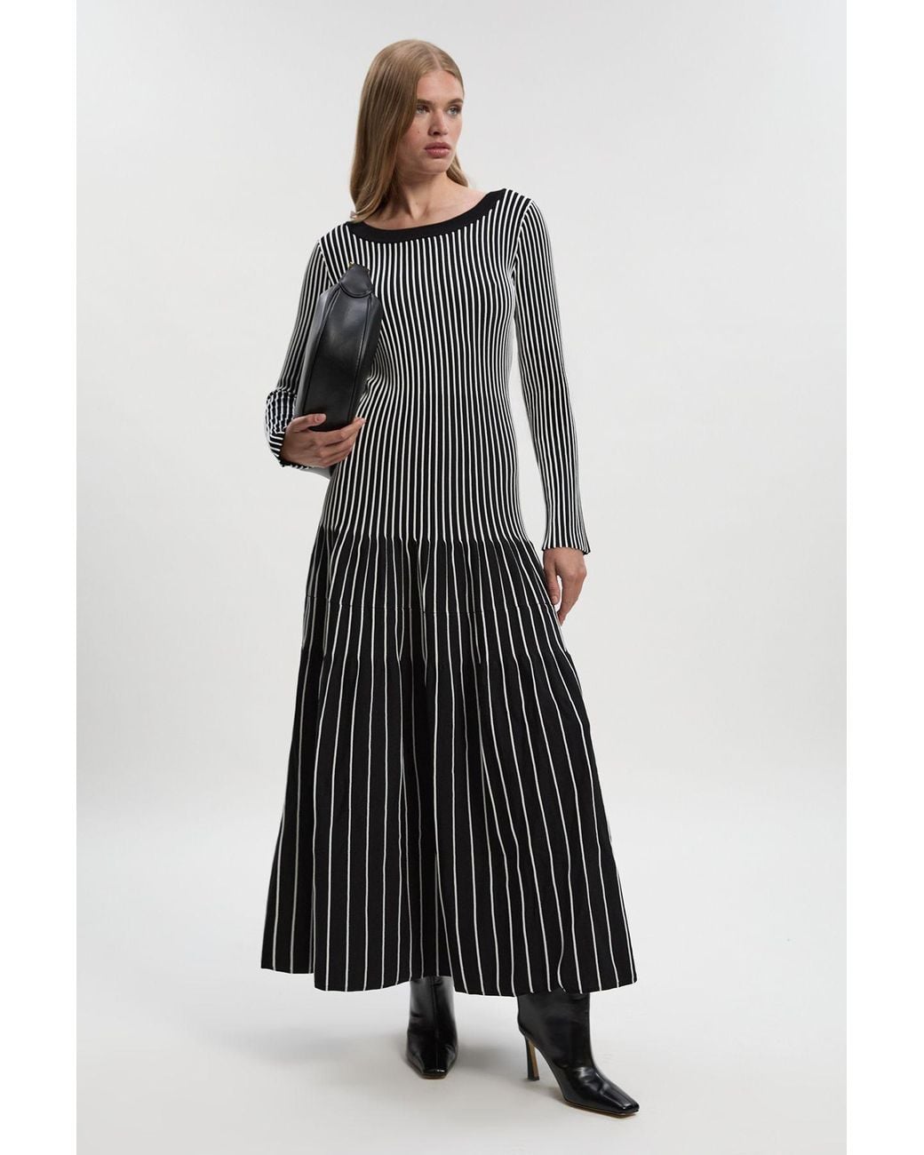 Karen Millen White Viscose Blend Striped Knitted Maxi Dress