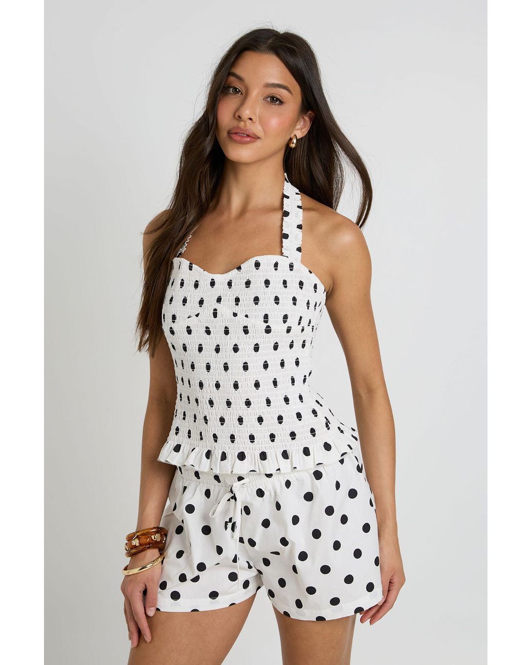 Boohoo White Polka Dot Poplin Shirred Halterneck Top