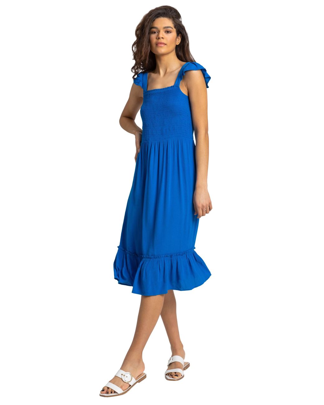Roman Blue Shirred Bodice Frill Detail Midi Dress