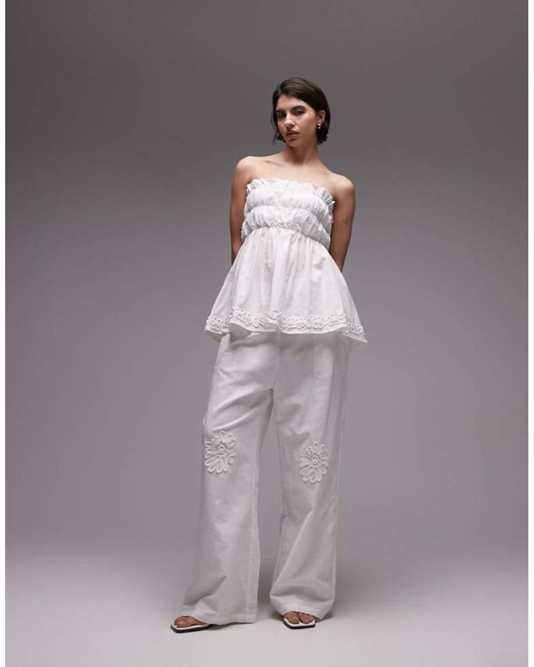 SNDY'S Gray Linen Blend Ruched Bandeau Longline Flower Applique Top Co-Ord