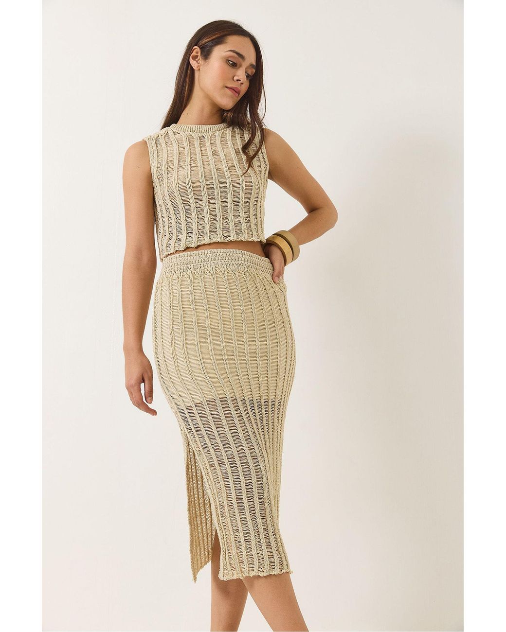Bianco Lucci Natural Textured Knitwear Two-Piece Set With Slit