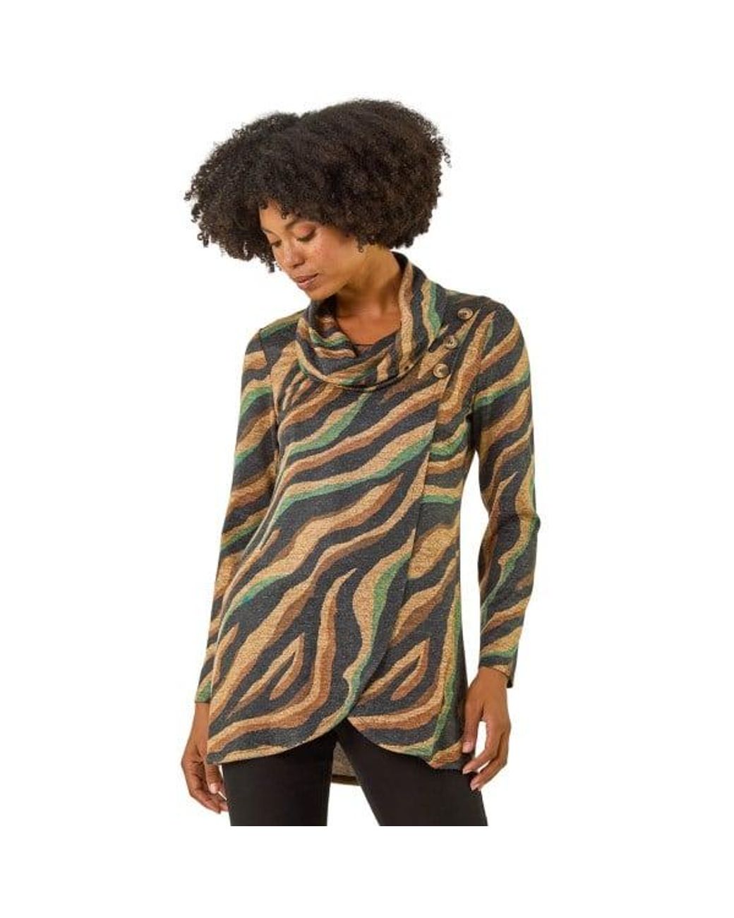Roman Brown Abstract Print Cowl Neck Stretch Top