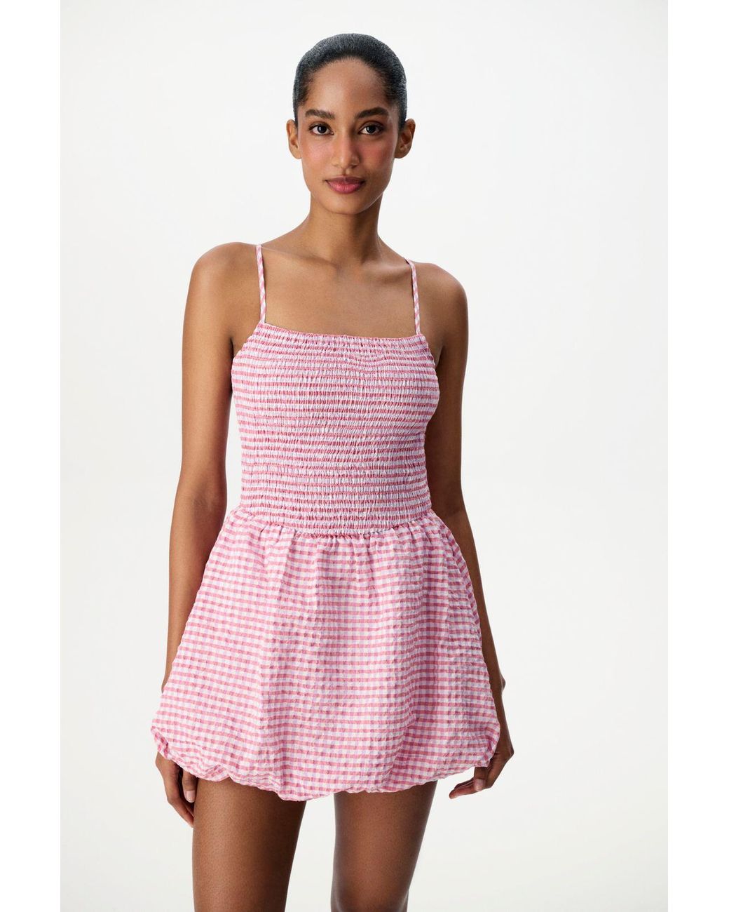 Penti Pink Plaid Mini Dress With Shirred Bodice