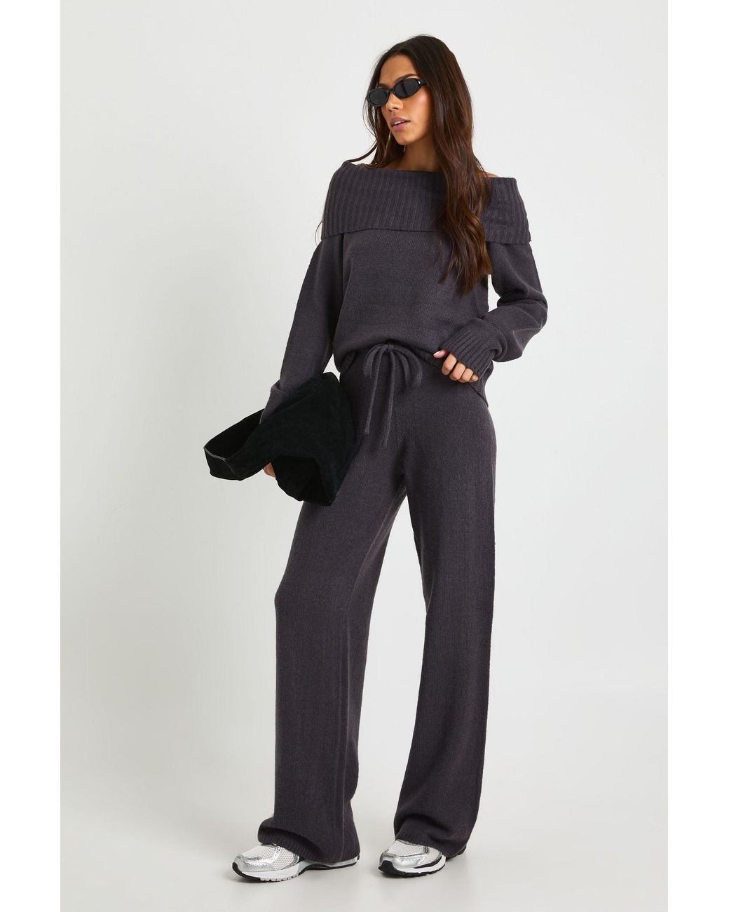 Boohoo Blue Tall Chunky Knitted Bardot Jumper And Straight Leg Trouser Co-Ord