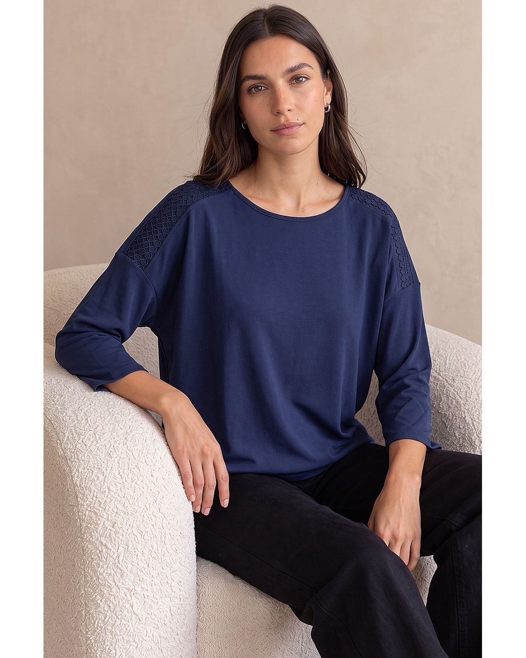Roman Blue Embroidered Shoulder Stretch Top