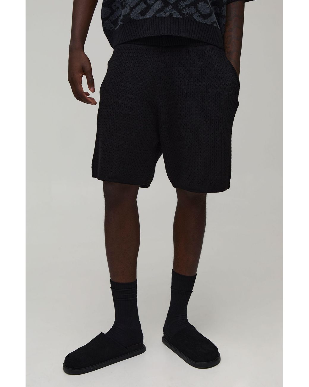 BoohooMAN Black Relaxed Open Stitch Knitted Short for men