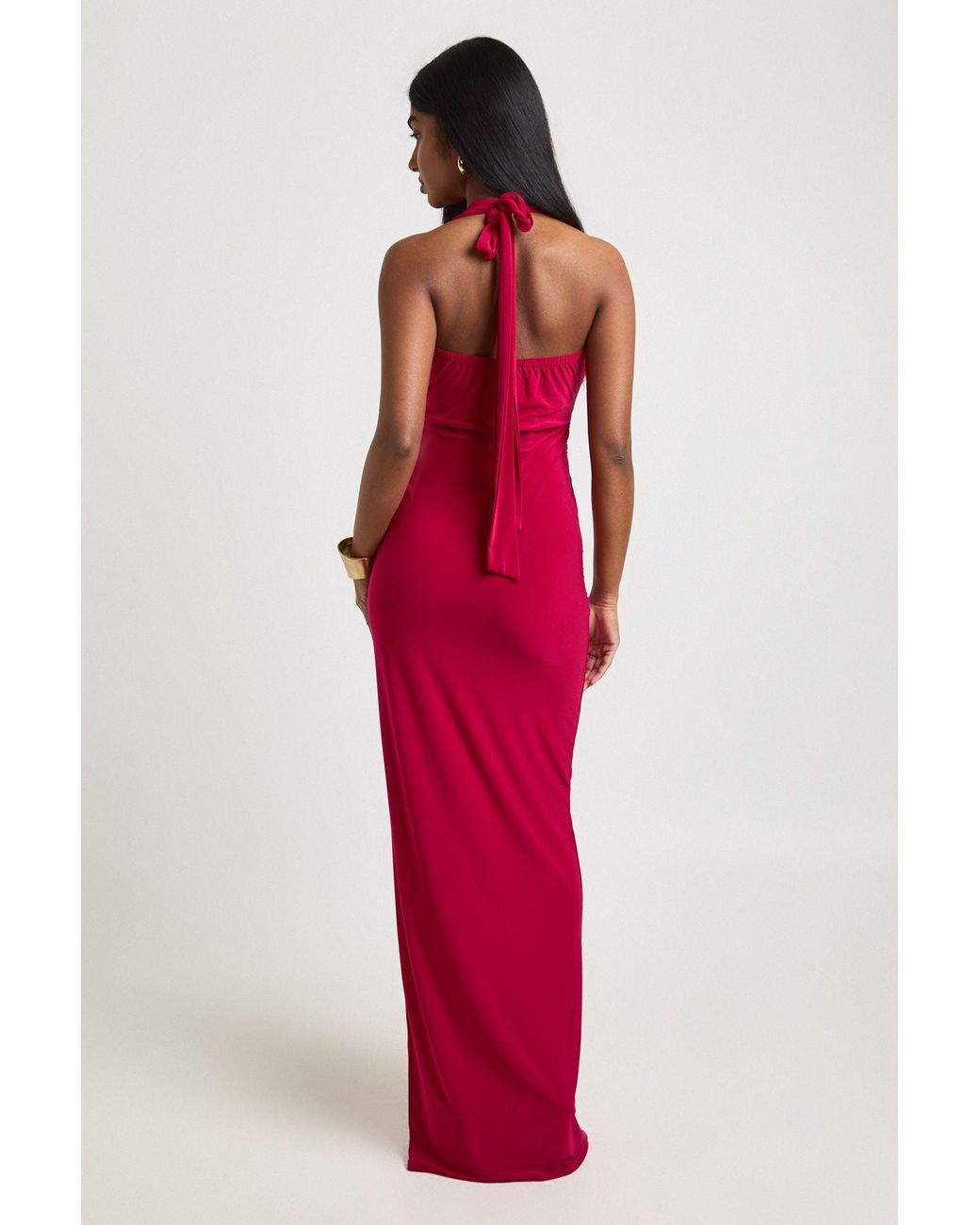 Boohoo Red Slinky Plunge Halterneck Wrap Waist Maxi Dress