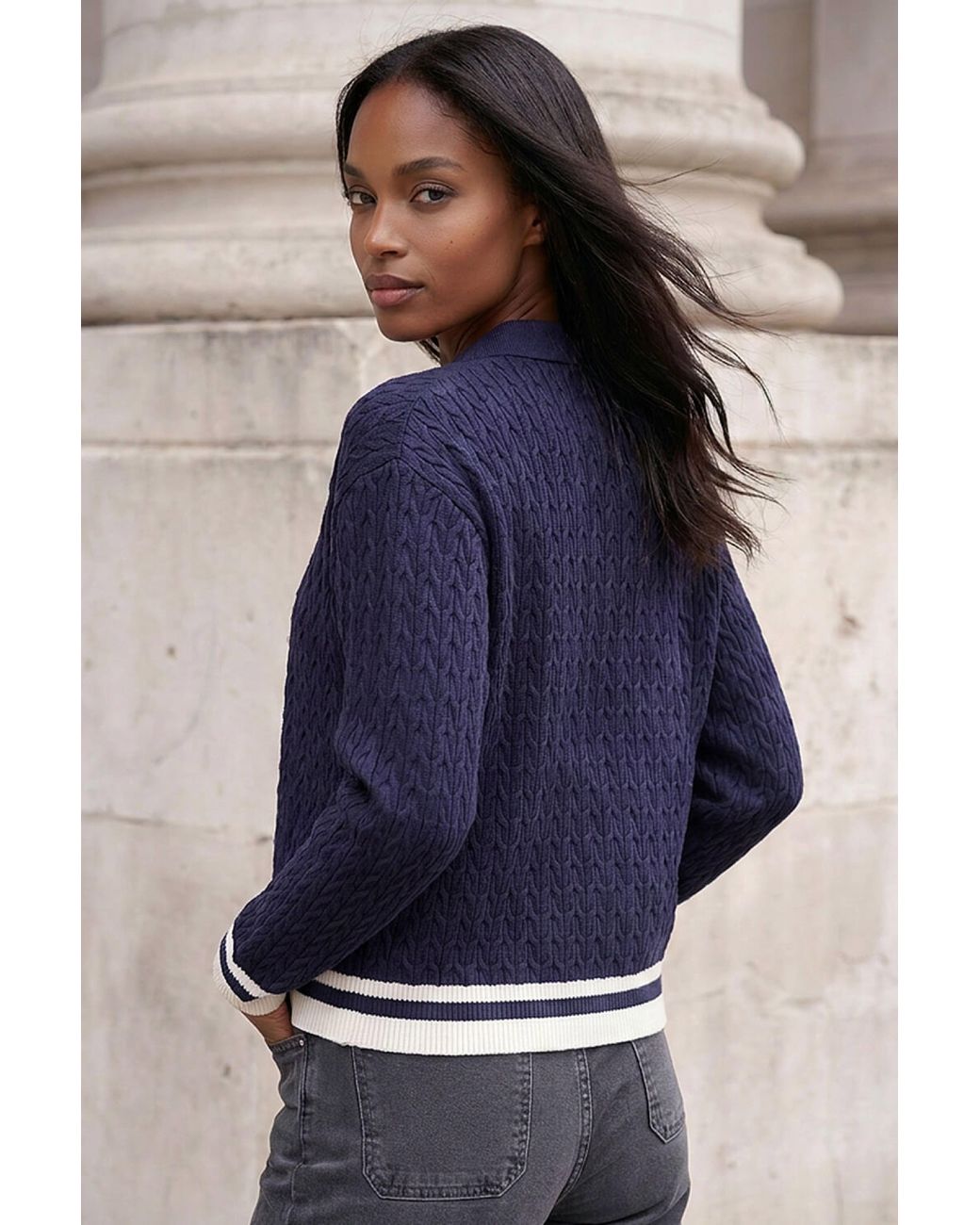 Roman Blue Cable Collared Knit Cardigan