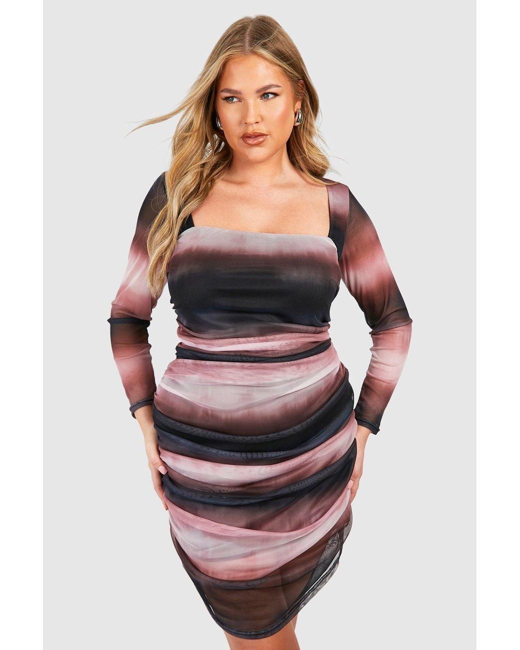 Boohoo Purple Plus Printed Mesh Bodycon Dress