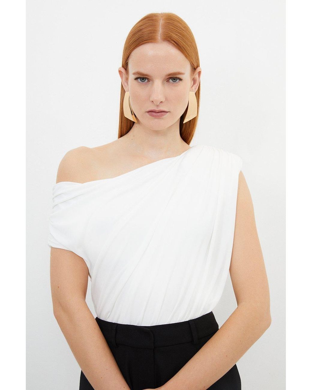 Karen Millen White Jersey Crepe Asymmetric Bodysuit