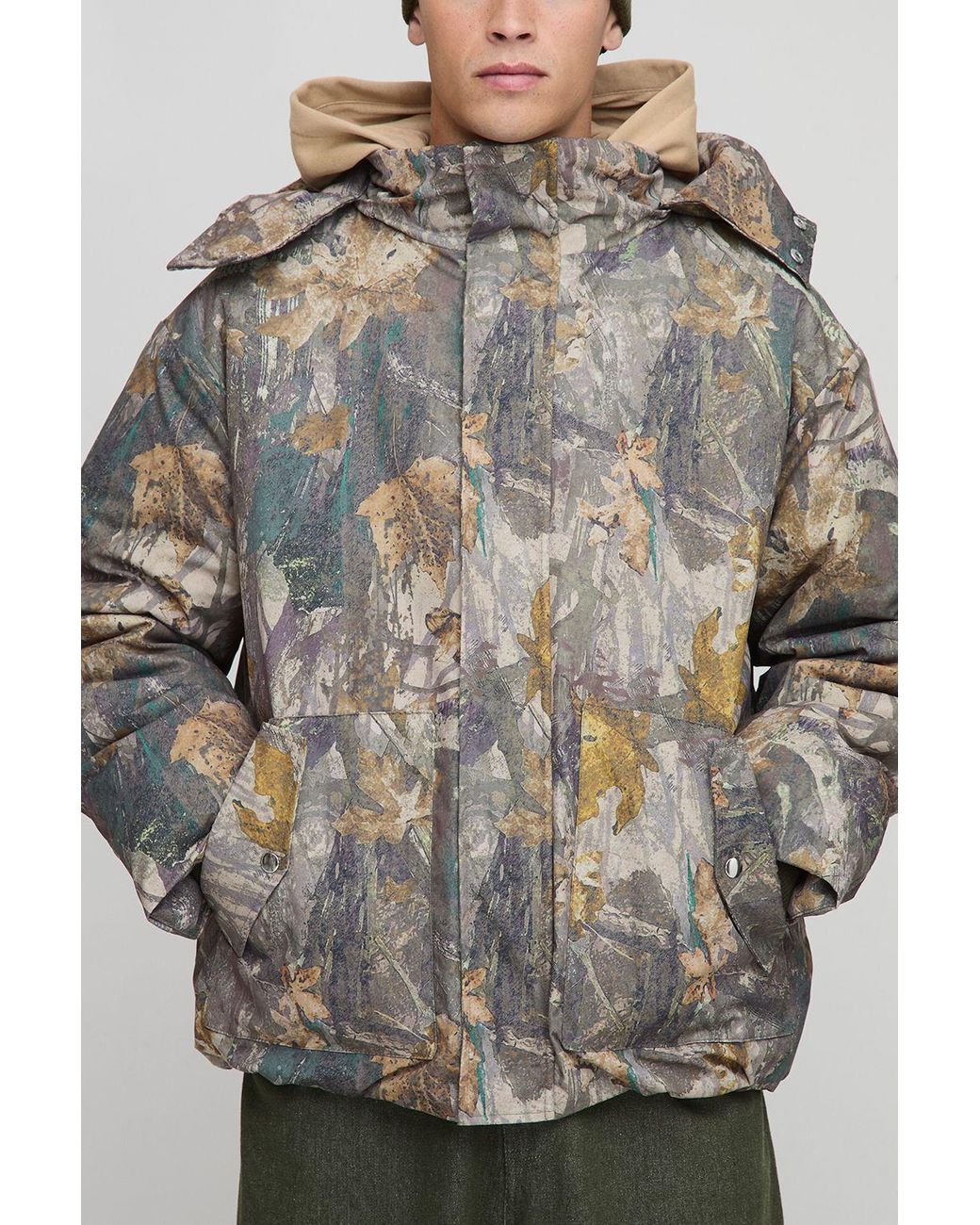 BoohooMAN Gray Oversized Camo Hooded Funnel Parka Jacket for men