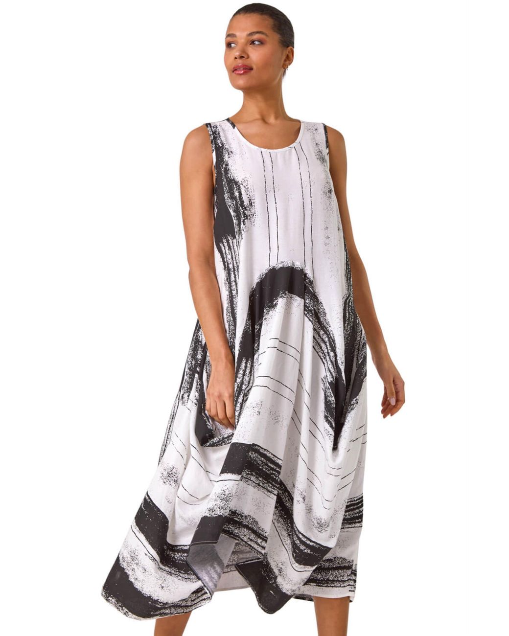 Roman White Abstract Bubble Hem Midi Dress