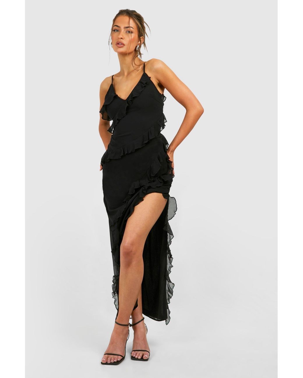 Boohoo Black Chiffon Ruffle Maxi Slip Dress