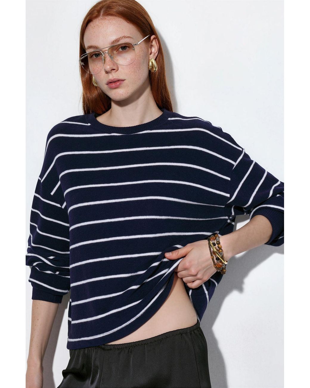 Busem Blue Striped Ribbed Crew Neck Sweater