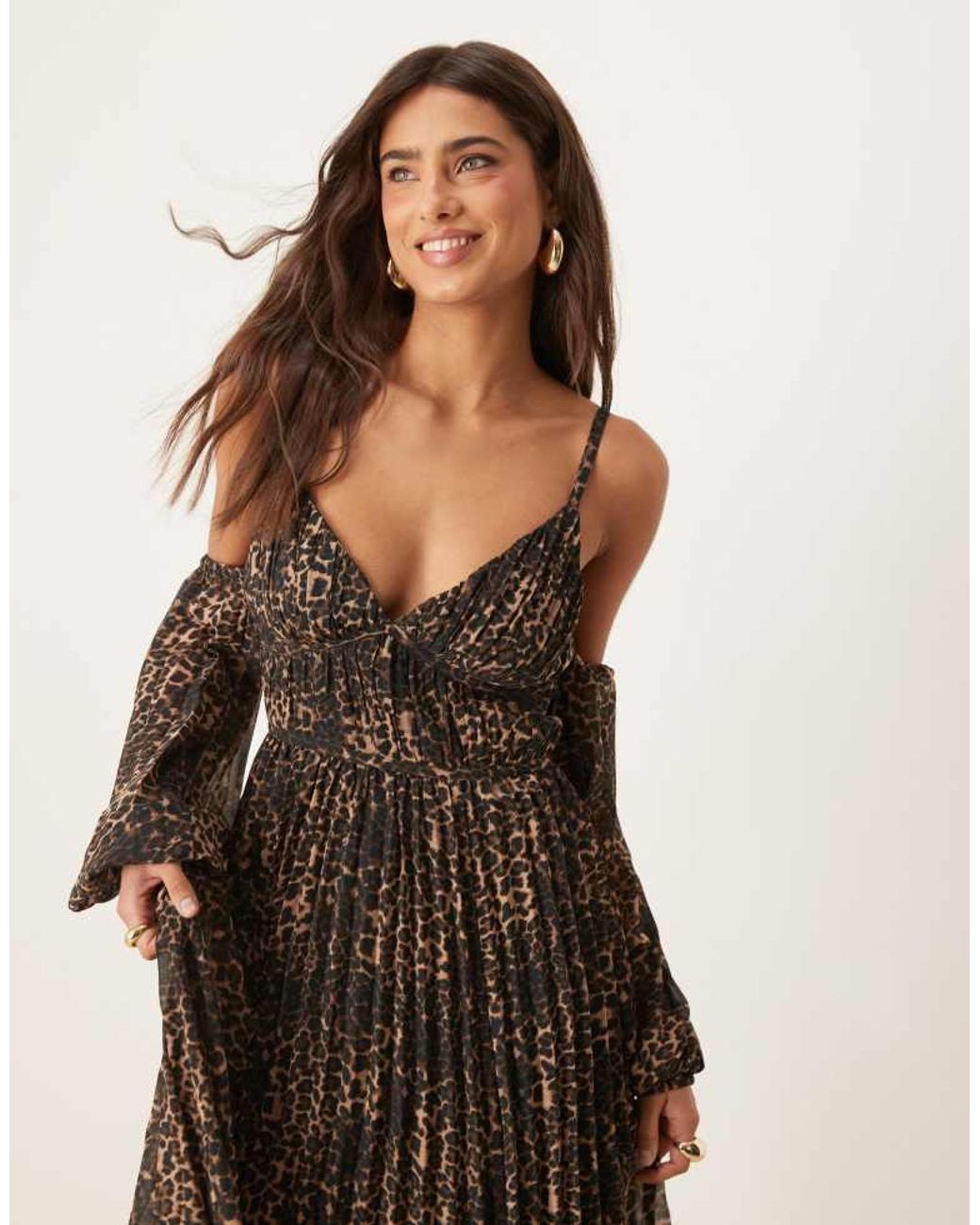 ASOS Natural Plunge Bardot Pleated Midaxi Dress