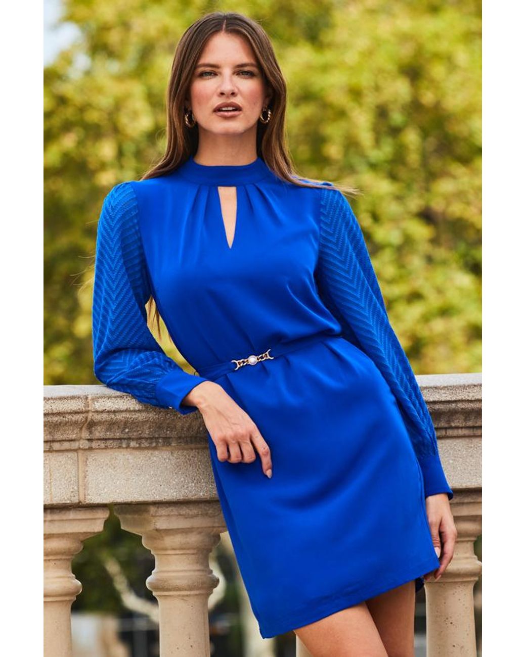 Sosandar Blue Cobalt Chevron Sleeve Shift Dress