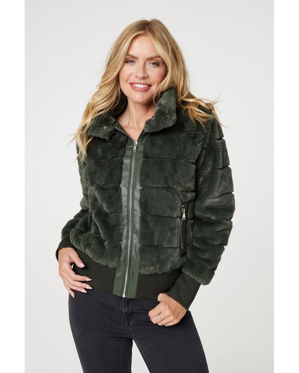 Izabel London Green Faux Fur Zip Front Jacket