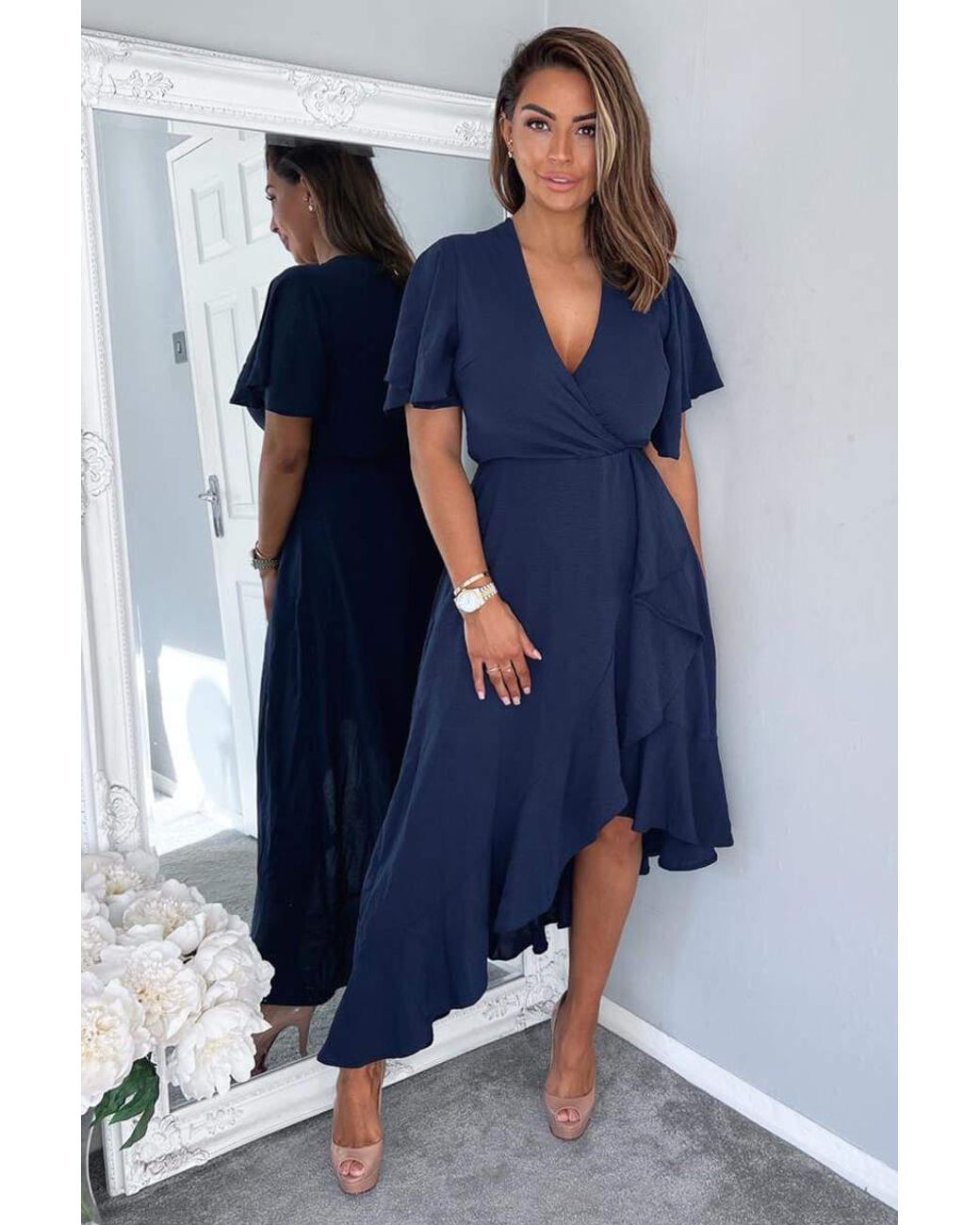 AX Paris Wrap Over Top Frill Hem Midi Dress in Blue Lyst UK