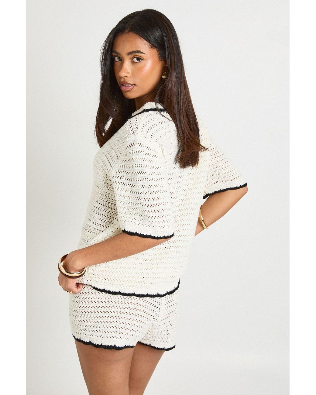 Boohoo White Shell Embroidered Crochet Shirt And Short Co-Ord