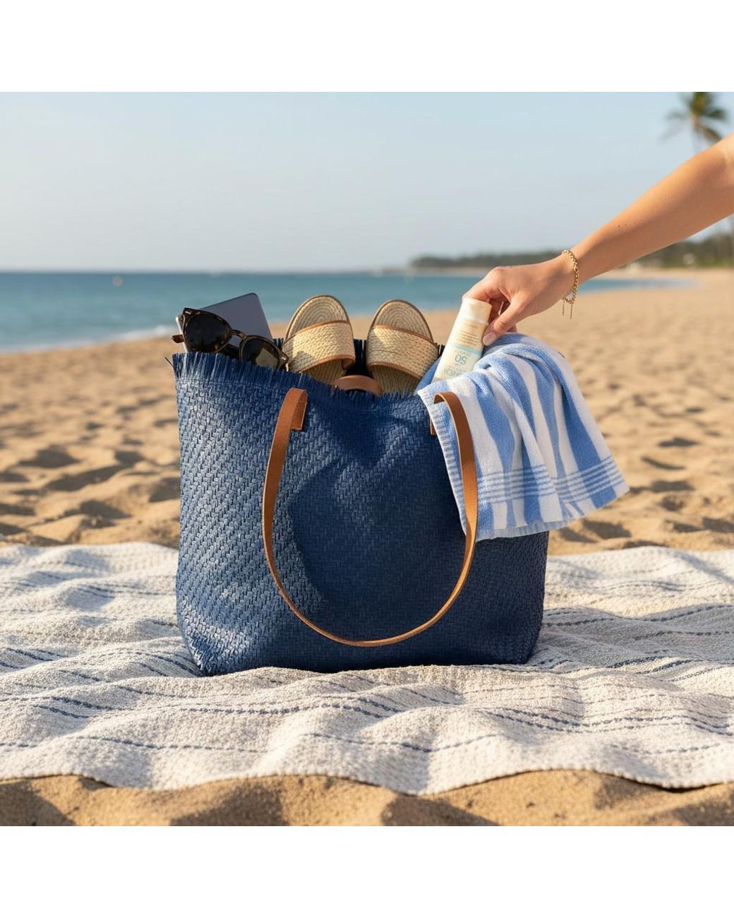 Woodland Leathers Blue Large Woven Straw Beach Bag