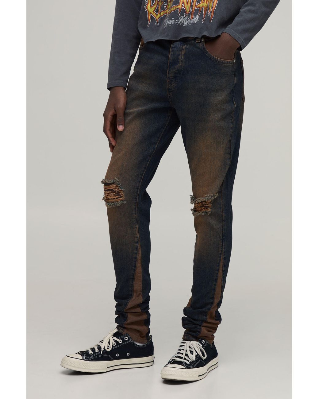 BoohooMAN Blue Crease Wash Ripped Knee Gusset Stacked Skinny Jeans for men