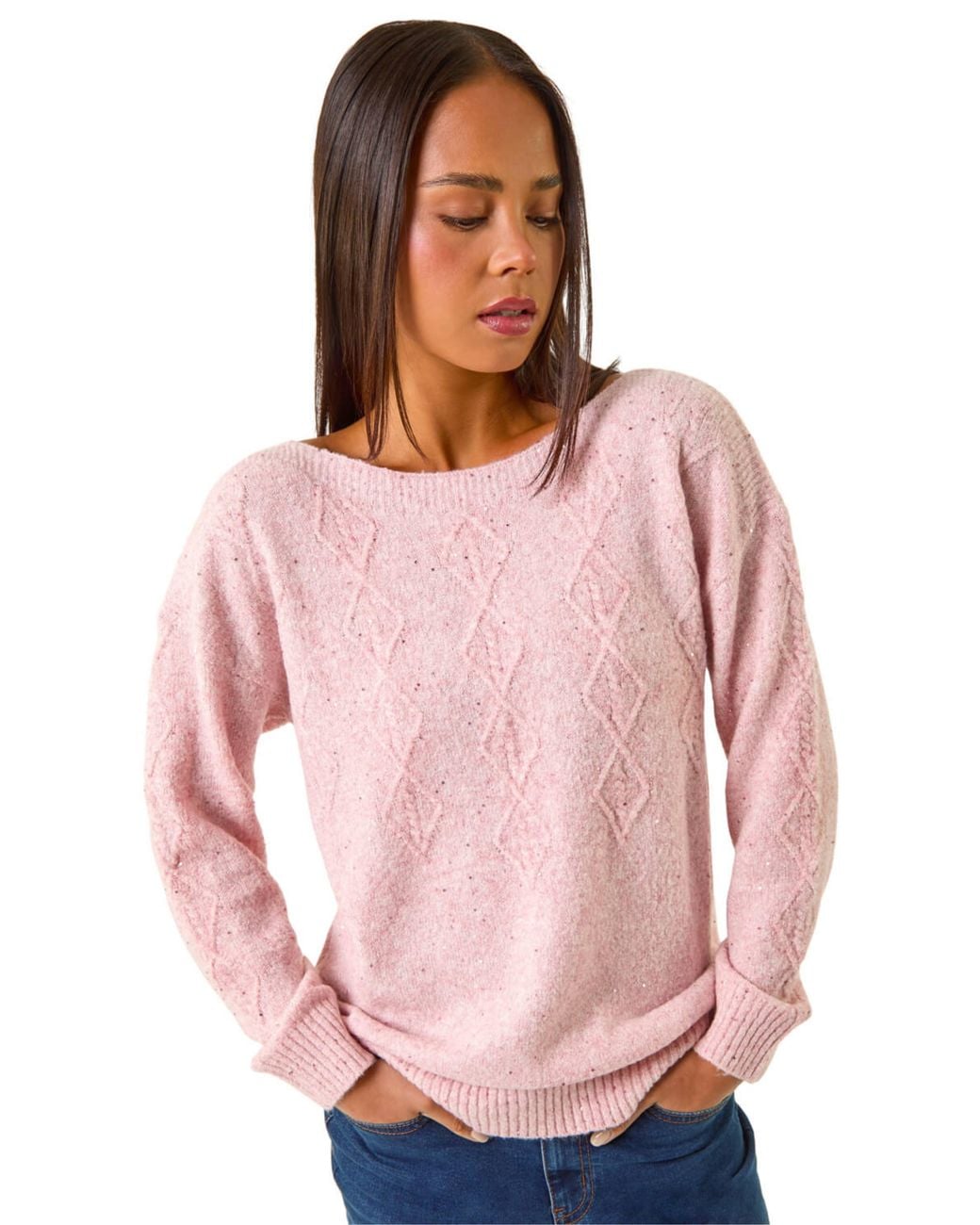 Roman Pink Petite Sequin Cable Knit Jumper