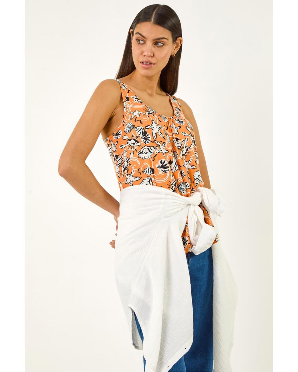Roman White Shell Print Gathered Vest Top