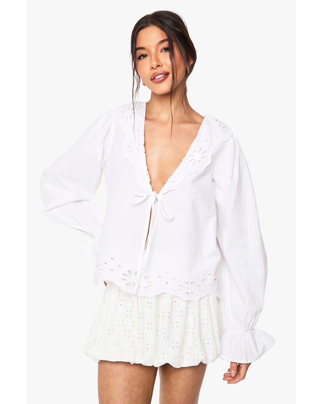 Boohoo White Cutwork Broderie Tie Front Blouse
